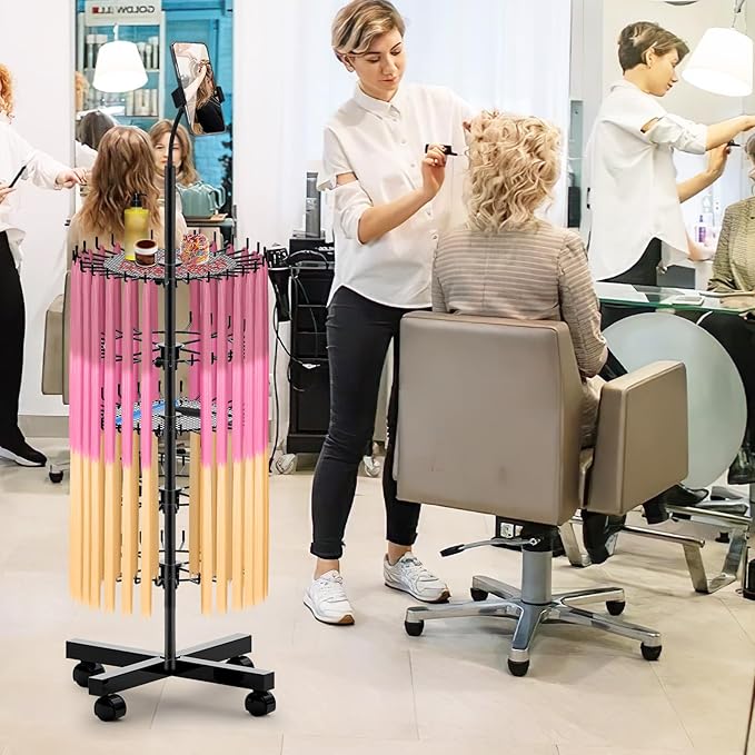 Braiding Hair Rack Standing with 140 Pegs, Height Adjustable Hair Extension Holder with Wheels, Braiding Rack Stand for Hair with Phone Holder for Displaying & Separating Hair (Black)