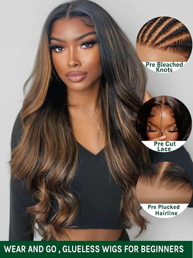 KLAIYI Bye Bye Knots Glueless Wig Ombre Brown Body Wave Pre Cut 7x5 Lace Front Wigs Human Hair Pre Plucked Pre Bleached Pre Everything Wear and Go Wig 12A Highlight Balayage 30S Ready To Go 26Inch