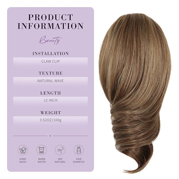 12 Inch Ponytail Extension - Clip in Ponytail Hair Extensions, Curly Wavy Pony Tails Hair Extensions, Synthetic Claw Clip Ponytail Extension for Women (Color: Light Brown With Blonde Highlights)