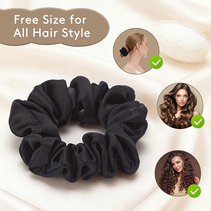 3 Pcs Silk Hair Ties, 22 Momme 100% Mulberry Hair Band, Silk Scrunchies for Women and Girls, 6A Grade No Damage Ponytail Holders (1.2in Width, Black)