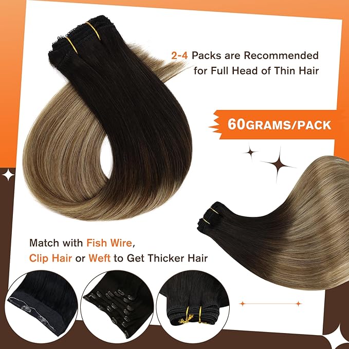 Full Shine Real Hair Clip in Extensions 20 Inch Clip in Hair Extensions Balayage Black Ombre to Blonde Mix Brown Remy Soft Hair Lace Weft Long Straight Hair 3 PCS 60 Grams