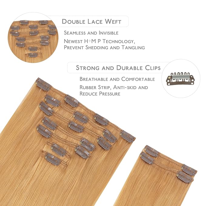 WENNALIFE Clip in Hair Extensions Real Human Hair, 14 Inch 150g 9pcs Human Hair Extensions Clip In, Strawberry Blonde Hair Extensions Clip In Real Hair Coloured Remy Human Hair Extensions