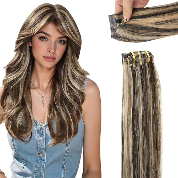 Moresoo Clip in Hair Extensions Human Hair Genius Blonde Clip in Human Hair Extensions Highlight Dark Brown with Caramel Blonde Seamless Clip in Extensions 18 inch 120G 7Pcs