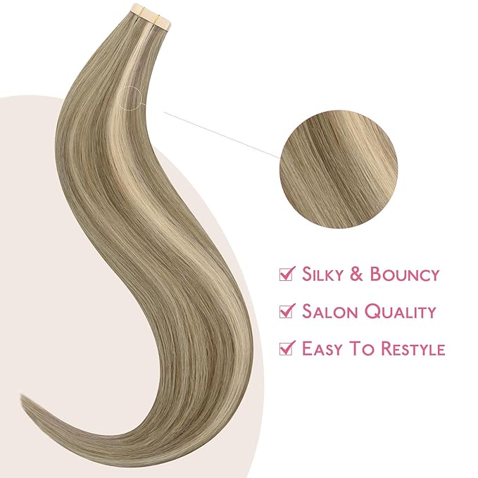 WENNALIFE Tape in Hair Extensions Human Hair Ash Brown with Platinum Blonde Highlights Tape in Extensions, 10pcs 25g 14 inch Remy Invisible Tape Ins Straight Colored Soft Refill Set