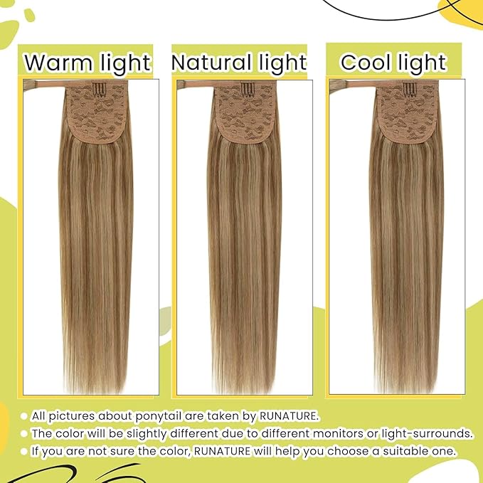RUNATURE Human Hair Ponytail, Clip in Ponytail Extension Human Hair Wrap Around, Straight Long Ponytail Hair Extensions for Women, 20 Inch 80g #10P16 Caramel Blonde Highlight