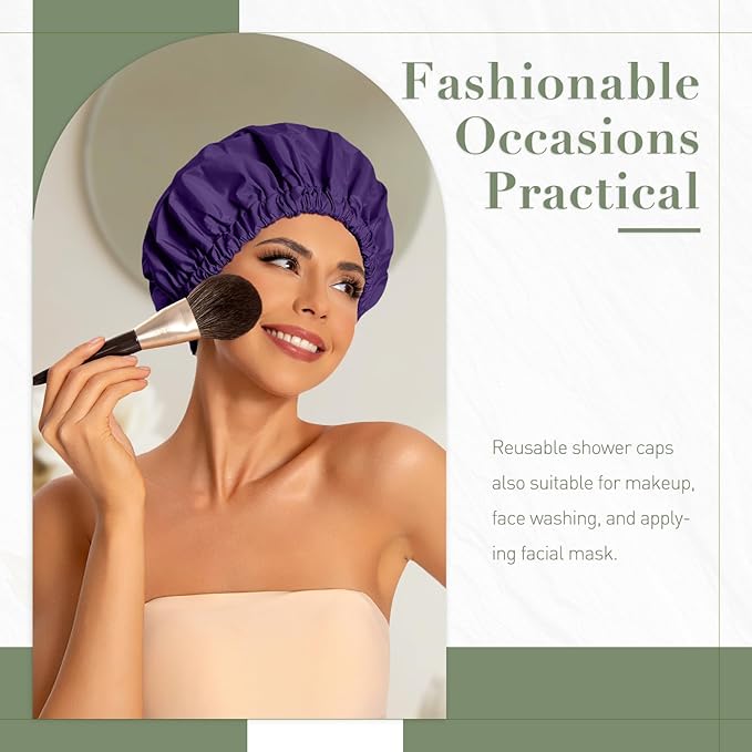 Reusable Shower Cap for Women, Large Waterproof Shower Bonnet Washable Elastic Band Bath Hair Hat for Long Hair, Braids(Dark Purple)