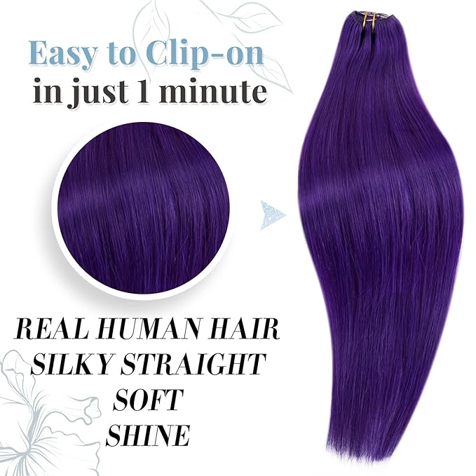 RUNATURE Purple Clip in Hair Extensions Human Hair 20 Inch Straight Clip in Purple Hair Extensions Colorful Human Hair, Easy to Install 70g 5pcs