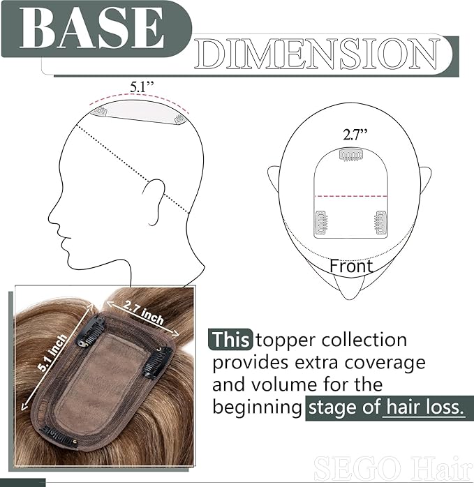 SEGO Hair Toppers for Women Real Human Hair with Thinning Hair, Toppers Hair Pieces Clip in Toppers Straight Hair Pieces with Front Bangs -6 Inch #4/27 Medium Brown Mix Dark Blonde