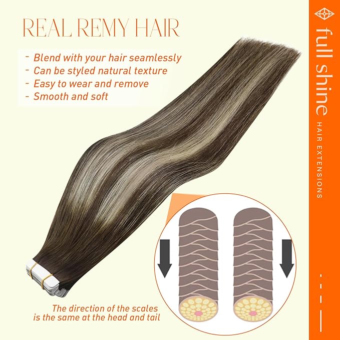 Full Shine Balayage Tape in Hair Extensions Human Hair Color 2/60/2 Remy Hair 22Inch Human Hair Extensions Tape in Extensions Straight Seamless Brazilian Hair for Women 50Gram 20Pcs