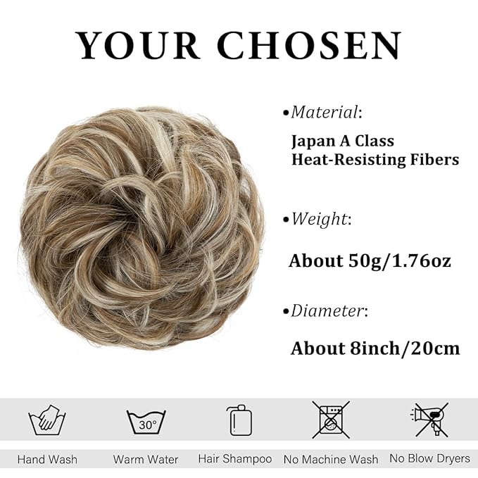 CJL HAIR Large Messy Bun Hair Piece Wavy Curly Scrunchies Synthetic Chignon Ponytail Hair Extensions Thick Updo Hairpieces for Women Beige Multi