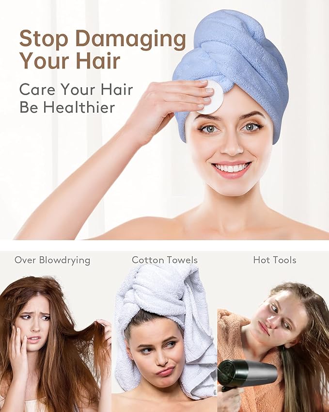 YFONG 3 Pack Microfiber Hair Towel Wrap for Women Girls, Super Absorbent Turban Towels for Drying Wet Hair, Anti Frizz Head Towels for Curly All Hair Style, Turbie Twist (Blue, Pink, White)