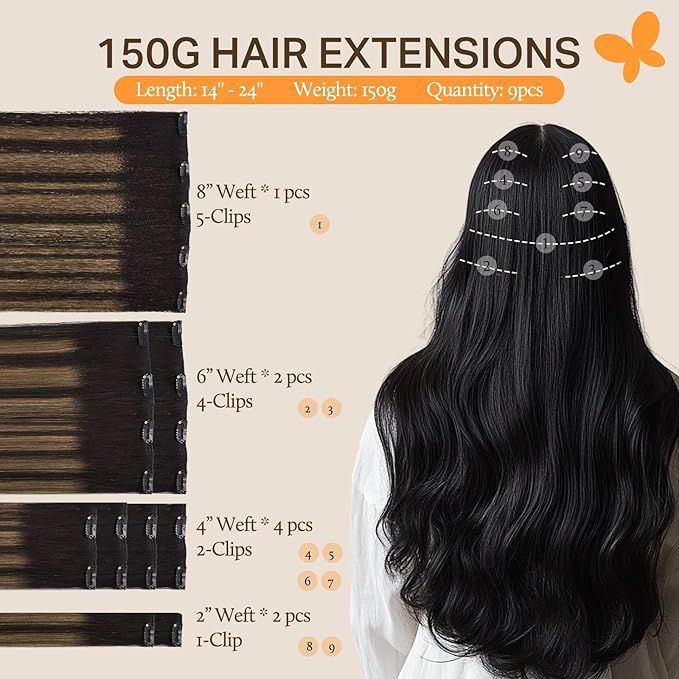 DOORES Human Hair Clip in Extensions, Balayage Natural Black to Chestnut Brown 16 Inch 150g 9pcs, Remy Hair Extensions Clip in Human Hair Extensions Human Hair Natural Thick Silky Straight