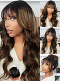 KLAIYI Ombre Brown Loose Body Wave Pre Everything Glueless 13x4 HD Lace Front Human Hair Wig with Natural Bang Highlight Balayage Brown Precut Lace Pre Plucked Bye Bye Knots Drawstring Wig 180% 18Inch