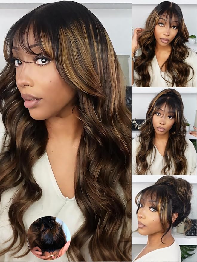 KLAIYI Ombre Brown Loose Body Wave Pre Everything Glueless 13x4 HD Lace Front Human Hair Wig with Natural Bang Highlight Balayage Brown Precut Lace Pre Plucked Bye Bye Knots Drawstring Wig 180% 18Inch