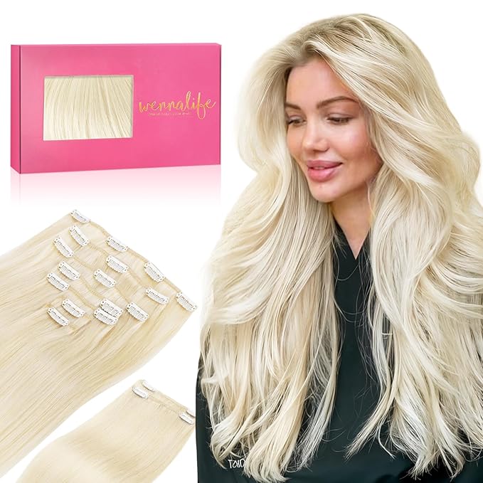 WENNALIFE Clip in Hair Extensions Real Human Hair, 24 Inch 150g 9pcs Human Hair Extensions Clip In Human Hair, Platinum Blonde Hair Extensions Clip In Real Hair Coloured Remy Human Hair Extensions