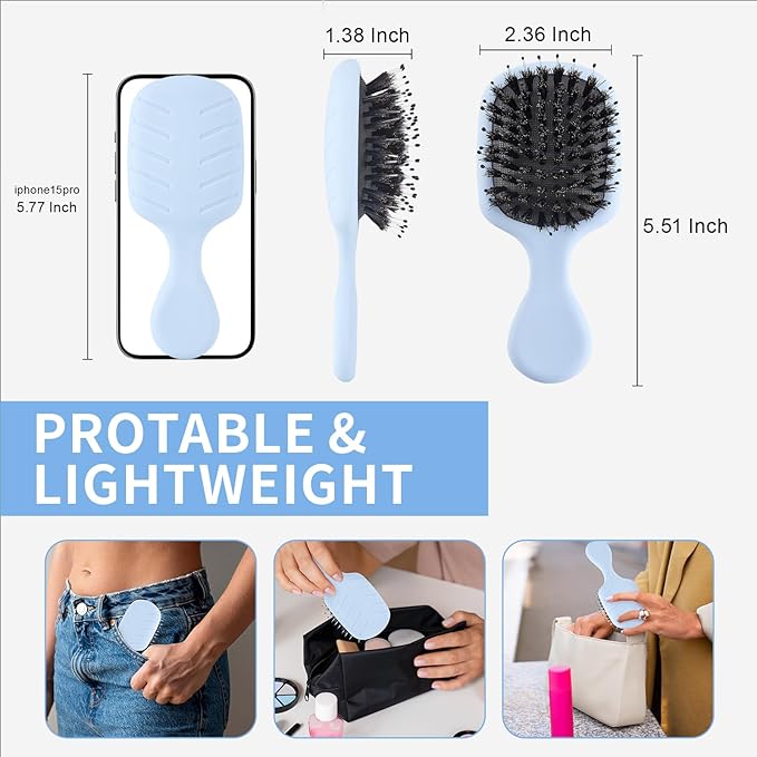 Mini Boar Bristles Hair Bursh, Travel Size Hair Brush for Women Men Kids, Protable Small Hair Brush for Pockets Purses, Mini Detangler Brush for Smooth Add Shine(Blue)