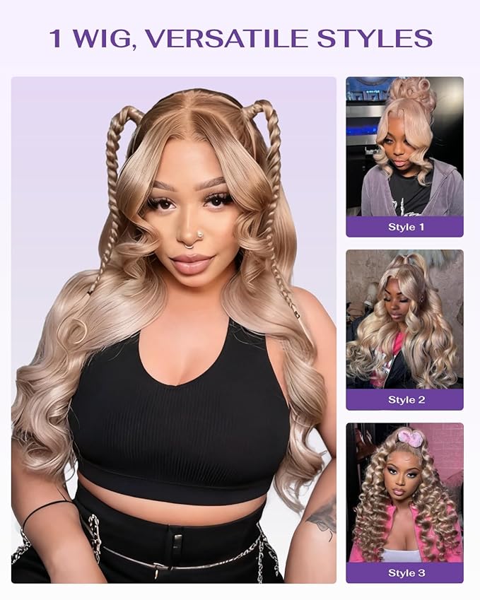 Hidden Strap Milk Tea Ash Blonde Wig Human Hair Body Wave 360 Lace Front Wig Human Hair Ombre Glueless Wigs Pre Bleached Bleached Knots 180% Density Drawstring HD Full Lace Wigs 30Inch