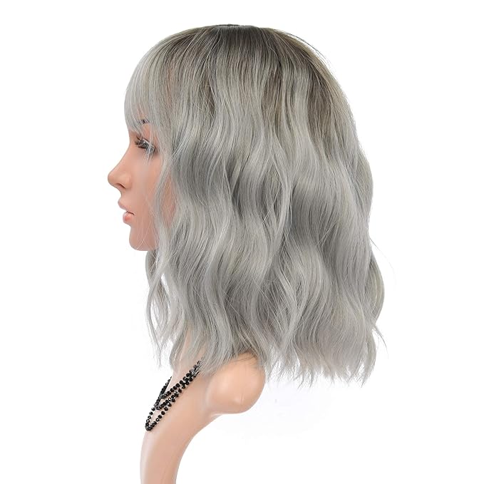 FAELBATY Grey Wigs with Bangs Women Girl's Ombre Grey Bob Wig Synthetic Cosplay Costume Wigs (12" Dark Root Ombre Grey)