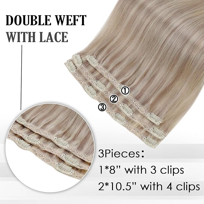 Full Shine Ash Blonde Hair Extensions 3 Pcs 60 G Highlight Ash Blonde Human Hair Clip in Extensions 12 Inch Clip in Human Hair Extensions for Highlights