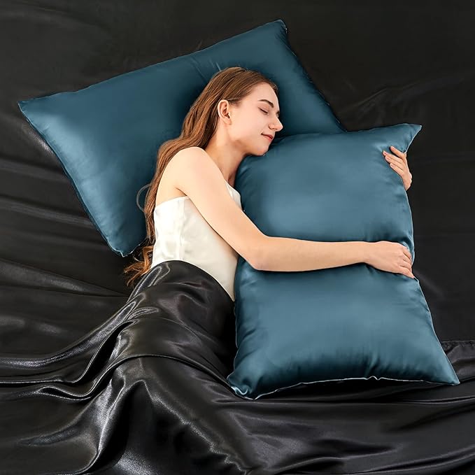 INFIIXSO Silk Pillow Cases 2 Pack Standard Size, Ultra Smooth & Soft Mulberry Silk Pillow Case for Hair and Skin, Breathable Cooling Silk Pillowcase with Hidden Zipper (Bluesteel, 20x26 Inches)