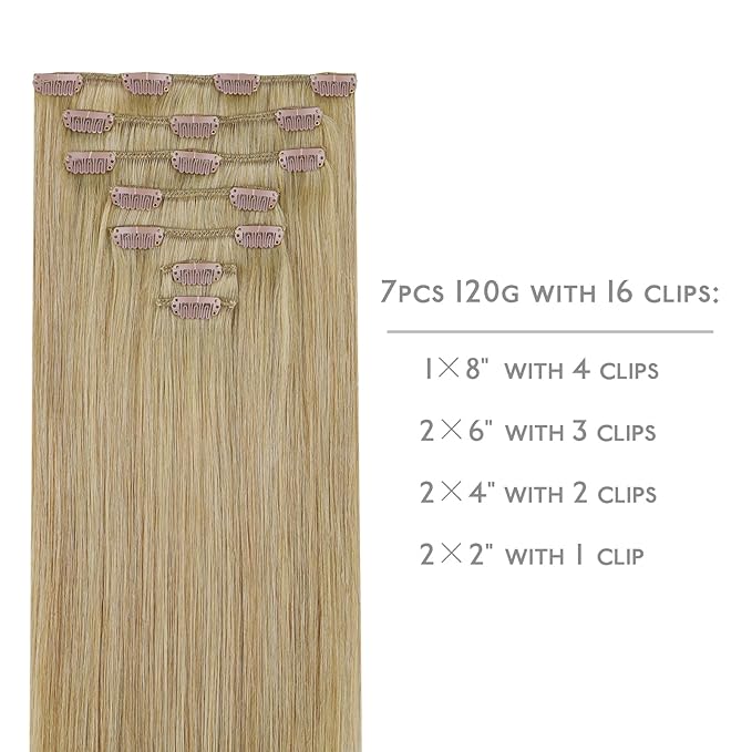 WENNALIFE Clip in Hair Extensions Real Human Hair, 18 Inch 120g 7pcs Dimensional Dirty Blonde Remy Hair Double Weft Straight Natural Extensiones De Cabello Humano Con Clip Ins