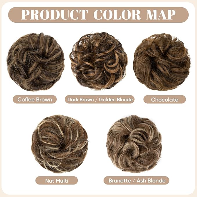 SARLA 2PCS Messy Hair Bun Hair Pieces Wavy Curly Synthetic Updo Fake Scrunchies Ponytail Extension for Women Brunette/Ash Blonde Highlight