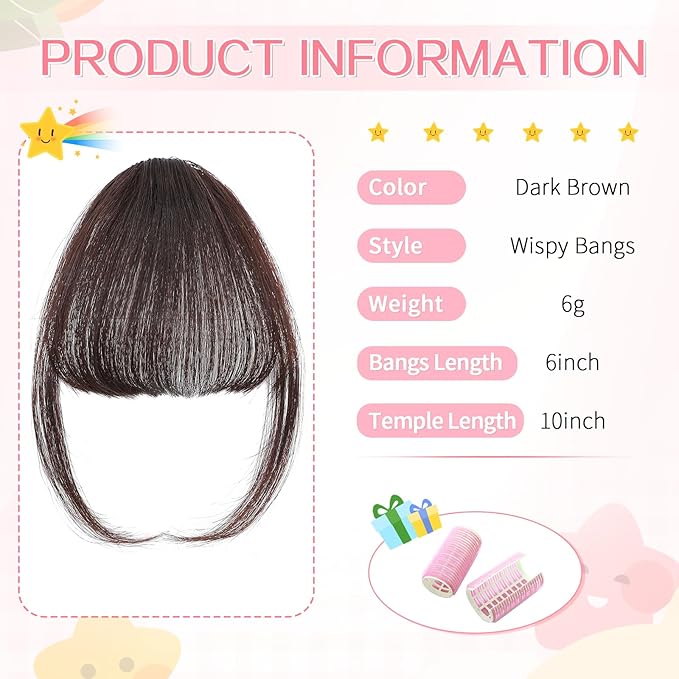 Clip in Bangs 100% Real Human Hair, Wispy Bangs Hair Clip, Fake Bang Fringe with Temples Hairpieces for Women Daily Wear (Dark Brown, Wispy Bangs)