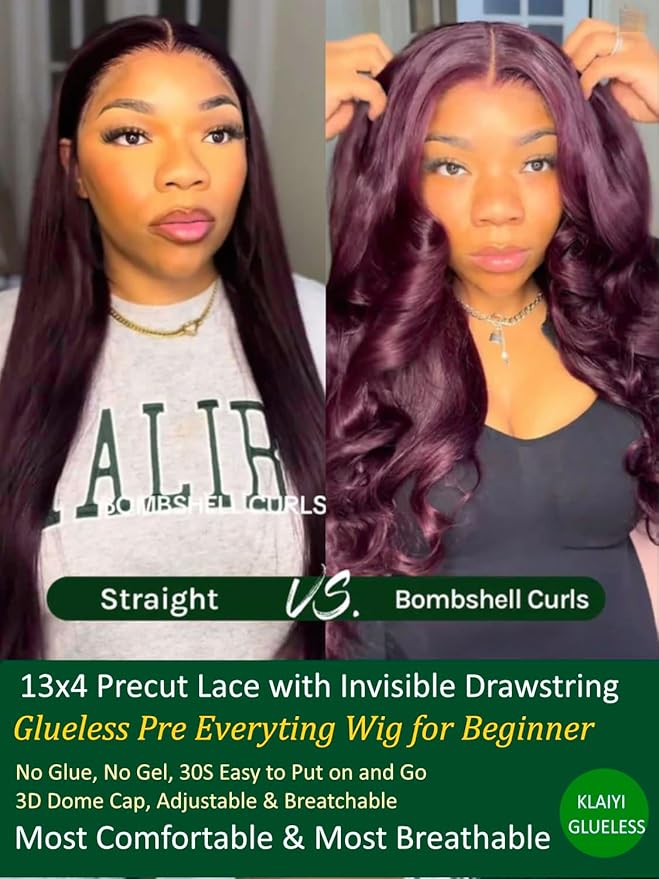 KLAIYI Black Cherry Loose Body Wave Pre Eeverything 13x4 Lace Frontal Wigs Human Hair Bye Bye Knots Glueless Ready to Wear and Go Wig with Face Framing Bangs Drawstring Pre Plucked Burgundy Wig 26Inch