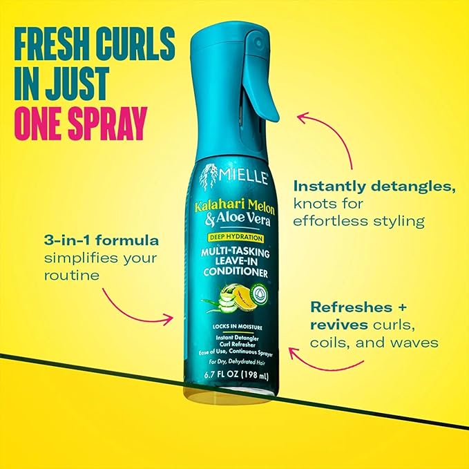 Mielle Kalahari Melon & Aloe Vera Multi-Tasking Leave In Conditioner Spray - 3-in-1 Hair Detangler Spray, Curl Refresher & Moisturizer for Dry, Curly & Textured Hair - Up to 5 Days of Moisture (6.7oz)