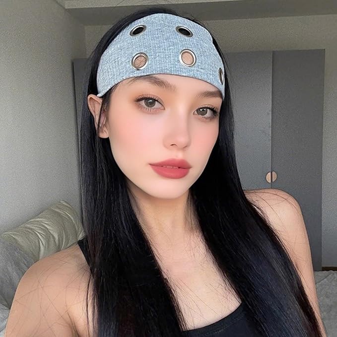 papasgix Grommet Headband for Women, Y2K Elastic Headband Wide Black Hair Band with Holes Metal Rock Style 2000s Hair Accessories (1, Wine Red)