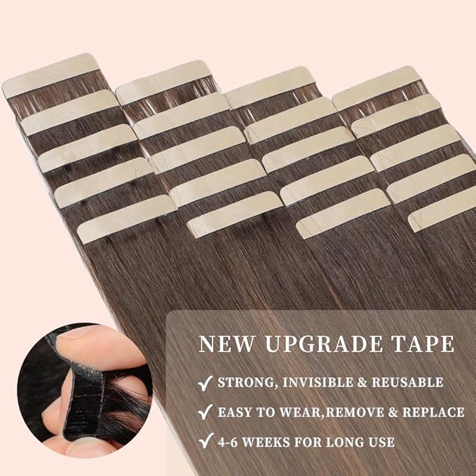 Balayage Dark Brown Mixed Chestnut Brown Tape in Hair Extensions Human Hair, 20pcs 16 Inch Remy Hair Extensions Real Human Hair Tape in Extensions Skin Weft Tape Ins (2/2/6#,16 Inch)