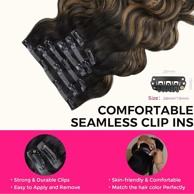 Lashey Seamless Clip in Hair Extensions Human Hair Natural Black Mixed Chestnut Brown Body Wave Clip in Hair Extensions with Invisi Edge 7pcs 110g 14 Inch