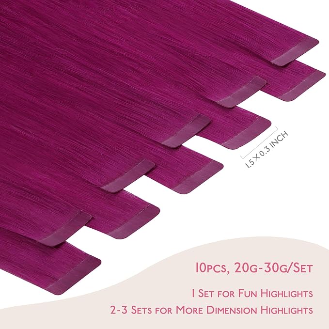WENNALIFE Tape in Hair Extensions Human Hair Violet Tape in Extensions, 10pcs 25g 16 inch Remy Invisible Tape Ins Straight Colored Soft Real Human Hair Tape in Extensions Refill Set Extensions