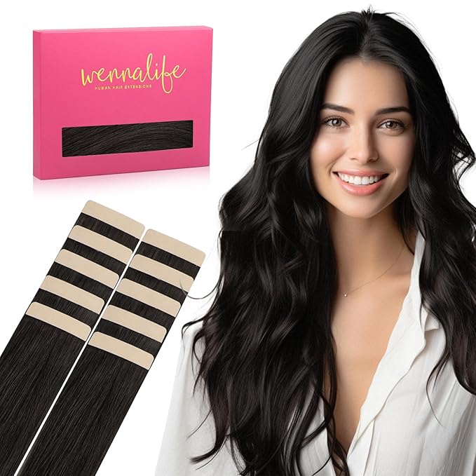 WENNALIFE Tape in Hair Extensions Human Hair Natural Black Tape in Extensions, 10pcs 25g 16 inch Remy Invisible Tape Ins Straight Colored Soft Real Human Hair Tape in Extensions Refill Set Extensions