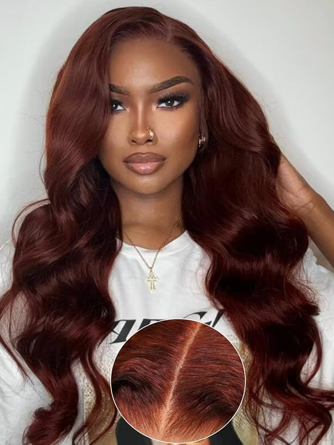 KLAIYI Bye Bye Knots Glueless Wig Reddish Brown Body Wave 7x5 Pre Cut HD Lace Front Wigs Human Hair Put On And Go Wig Pre Bleached Pre Plucked with Baby Hair 30S Ready To Wear 150% Density Full 14Inch