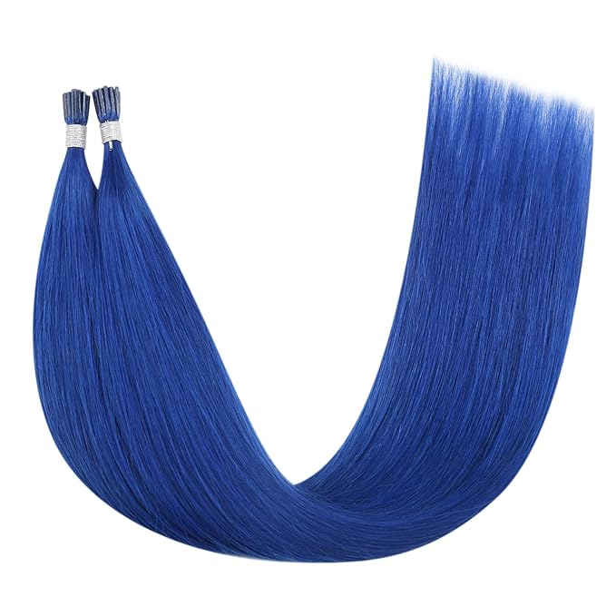 YoungSee I Tip Hair Extensions Blue I Tip Hair Extensions Human Hair Blue 20 Inch Itips Extension Real Human Hair Colored for Party Highlights 20 Inch I-Tip Remy Human-Hair