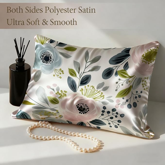 Silk Pillow Case for Hair and Skin Pink and Blue Floral Flowers Standard Size Silk Pillow Case with Zipper Super Soft Pillow Covers for Women Bed Sleeping, 20x26 Inches