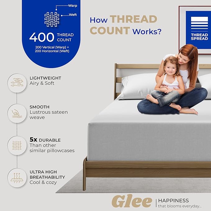 THREAD SPREAD 100% Cotton Pillowcases Standard/Queen Size Set of 4-400 Thread Count Cotton Pillowcases, Ultra Soft Cool Sateen Weave Pillow Cases for Sleeping, Set of 4 Pillow Covers (Silver)