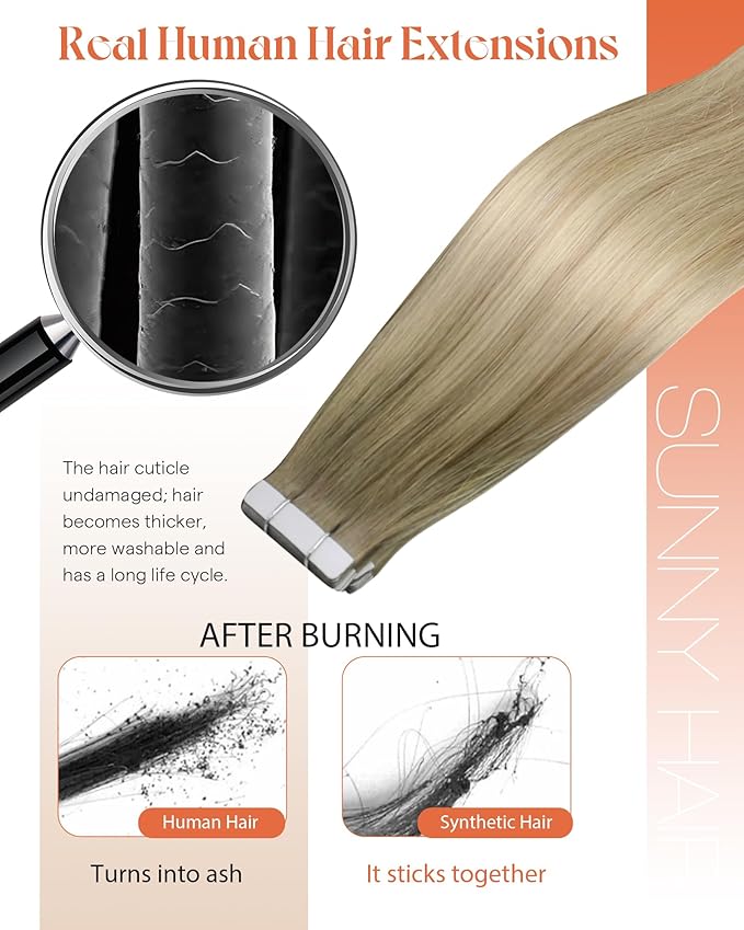 Sunny Hair Tape in Hair Extensions Real Human Hair Invisible Remy Hair Extensions Tape ins for Women Ash Blonde Root to Platinum Blonde Balayage 16 inch 20Pcs 50G