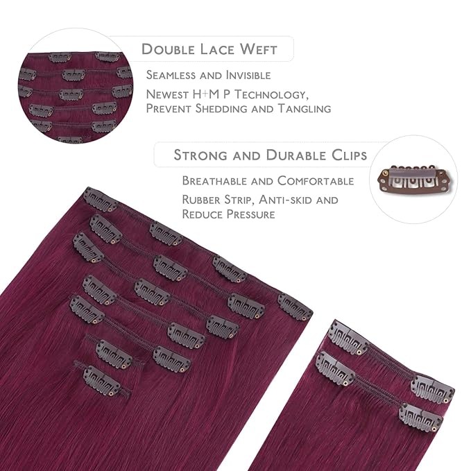 WENNALIFE Light Burgundy Human Hair Extensions - 150g 18 Inch 9pcs Thicker Clip in Set Double Weft Real Human Hair