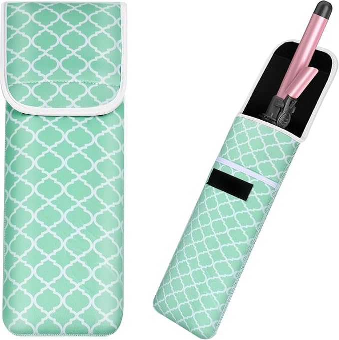Women's Heat Resistant Neoprene Curling Iron Holder Flat Iron Curling Wand Travel Storage Cover Case Bag Pouch -Water-Resistant (Green-1)