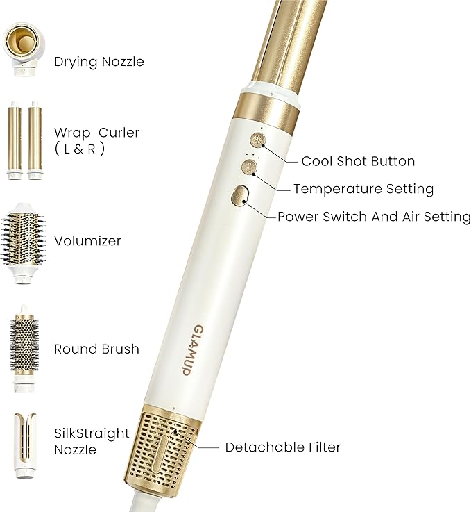 GLAMUP® 6 in 1 Hot Air Styler, Upgraded Long Barrel, Round Brush, Powerful High Speed Dryer, Tight Grip, Curling Volumizing Gift Set with Travel Bag