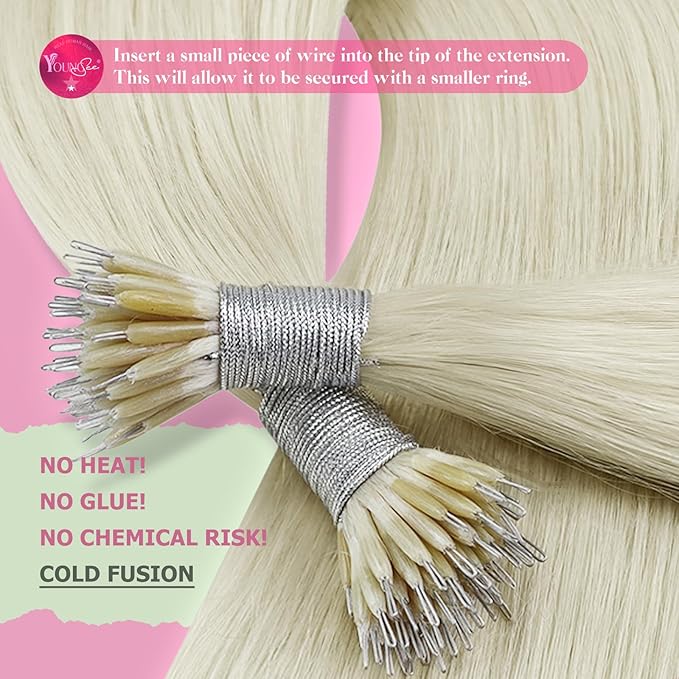 YoungSee Nano Bead Hair Extensions Human Hair Blonde Platinum 20 Inch Nano Ring Hair Extensions White Blonde Remy Hair Nano-Tip Extension Real Human Hair Long for Natural Look 50G