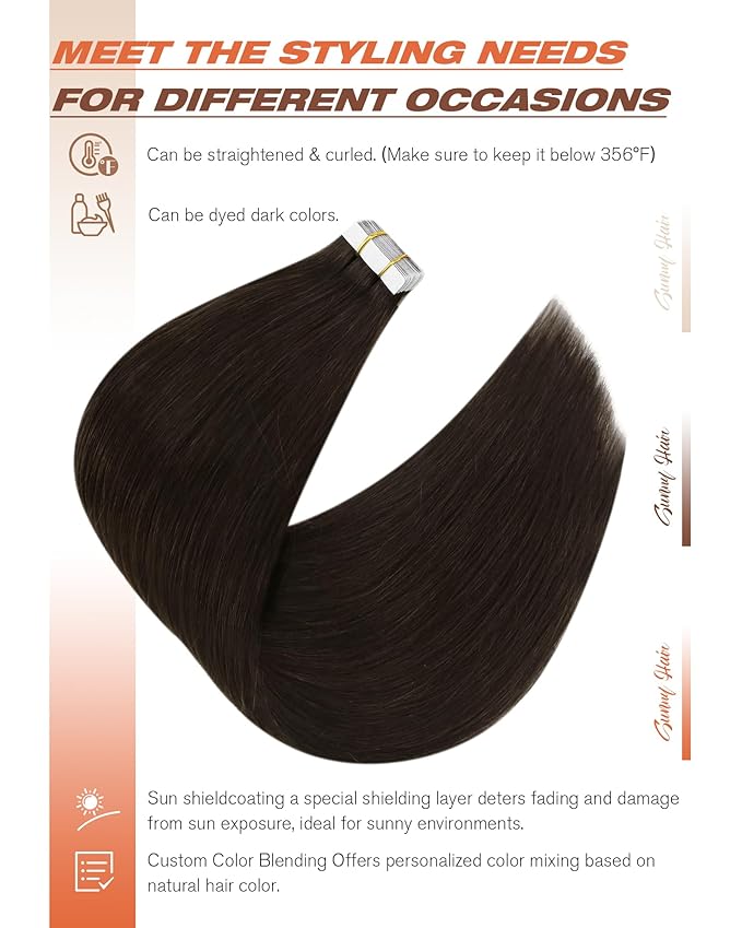 Sunny Hair Tape in Hair Extensions,Dark Brown Tape in Hair Extensions Human Hair Invisible Remy Human Hair Tape in Extensions 12 inch 20Pcs
