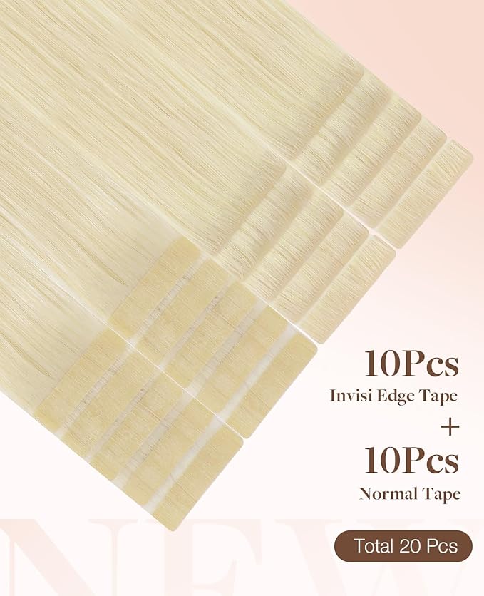 GOO GOO Invisi Edge Tape in Hair Extensions Human Hair, 60A Platinum Blonde 10pcs injected with 10pcs classical tape ins, 12inch 40g, Virgin Remy Hair, Natural Look