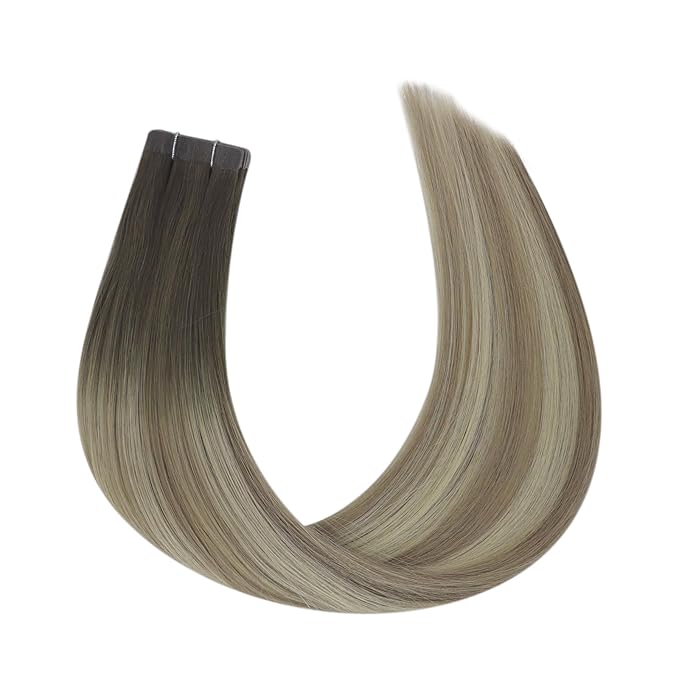 Full Shine Insert Tape in Hair Extensions Human Hair Color 4/7/80 Brown And Blonde Virgin Tape in Extensions Real Human Hair 24 Inch Remy Skin Weft 10Pcs 25 Grams No Knots for Wedding