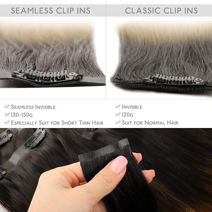WENNALIFE Seamless Clip In Hair Extensions Human Hair, 24 Inch 160g 7pcs Dark Brown to Chestnut Brown and Dirty Blonde Invisible Natural PU Weft Straight Extensiones De Cabello Hmano