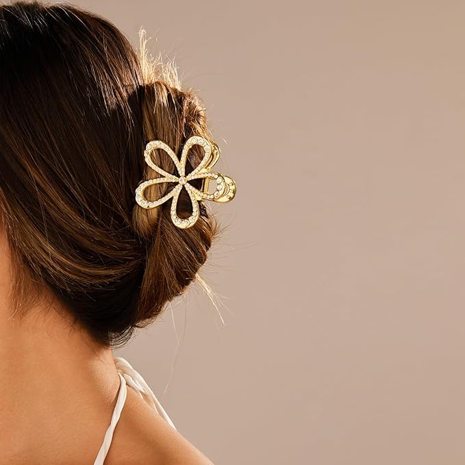 Gold Hair Clips for Women Flower and Double Row Small Claw Clips for Thin/Medium Fine Hair - Nonslip Jaw Clips