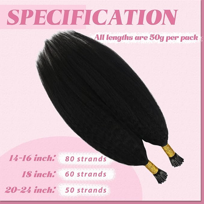 YoungSee I Tip Hair Extensions Kinky Straight Black Itip Hair Extensions Real Human Hair Black 20In 50g I Tip Hair Extensions Human Hair Kinky 50s Invisible Hair Extensios Yaki Straight for Wedding
