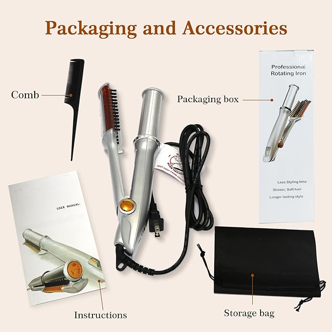 2 in 1 Rotating Curling Iron Fast Heat Hair Straightener and Curler Professional Curing Wand for All Hairstyles for Home Travel Hair Styling Tools Three-Speed Temperature Adjustment